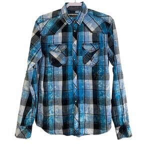 BKE Vintage Athletic Fit Western Shirt Size M Blue Bleach Dye Plaid Pearl Snap